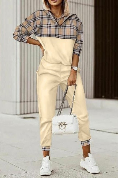 Beige check print cotton tracksuit set featuring a zip neck sweatshirt and elastic waist pants, designed for comfort and style.