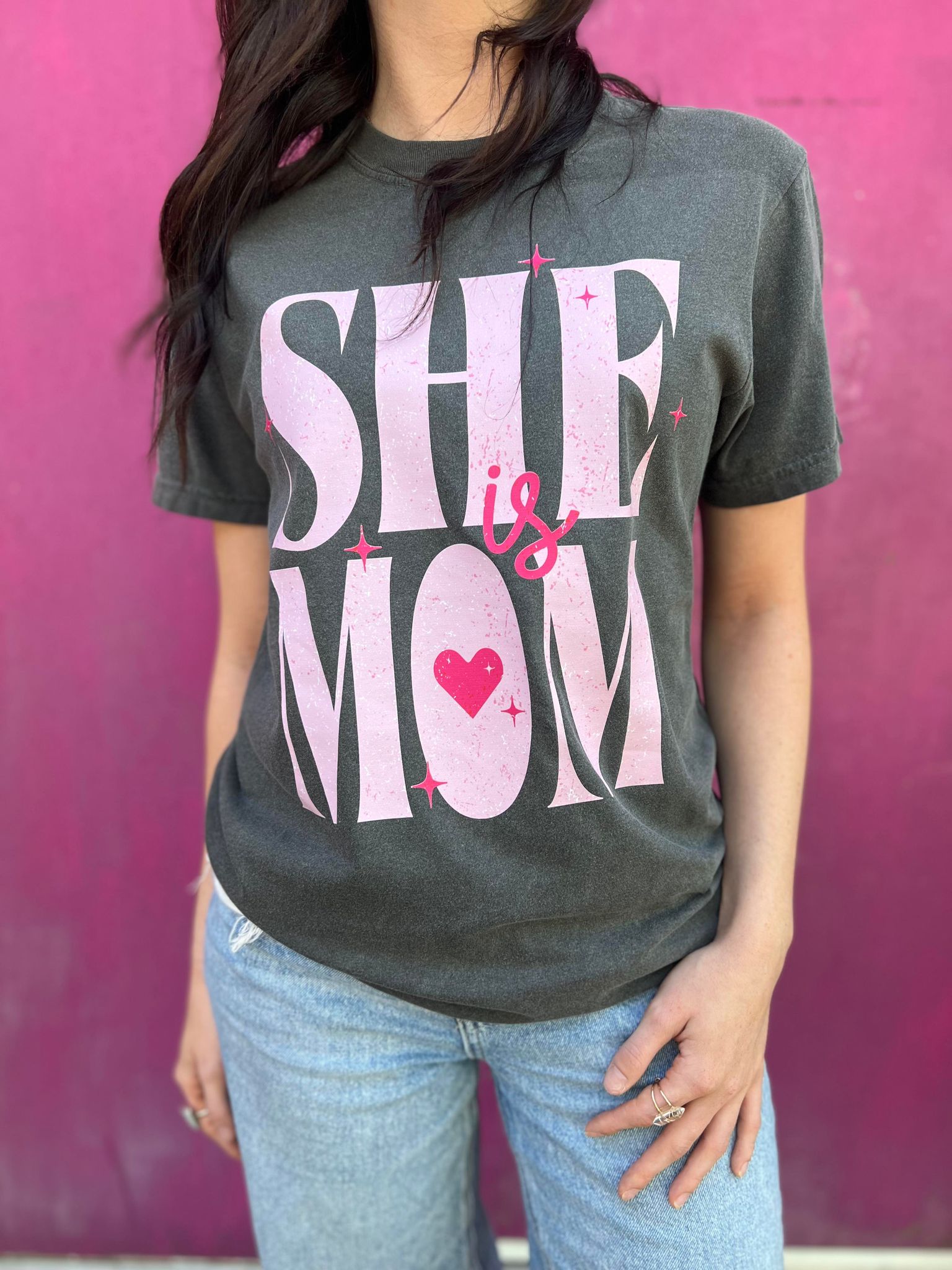 Checkered Mama tee in Comfort Colors: Pepper, showcasing a stylish design with vibrant DTF printed graphics.