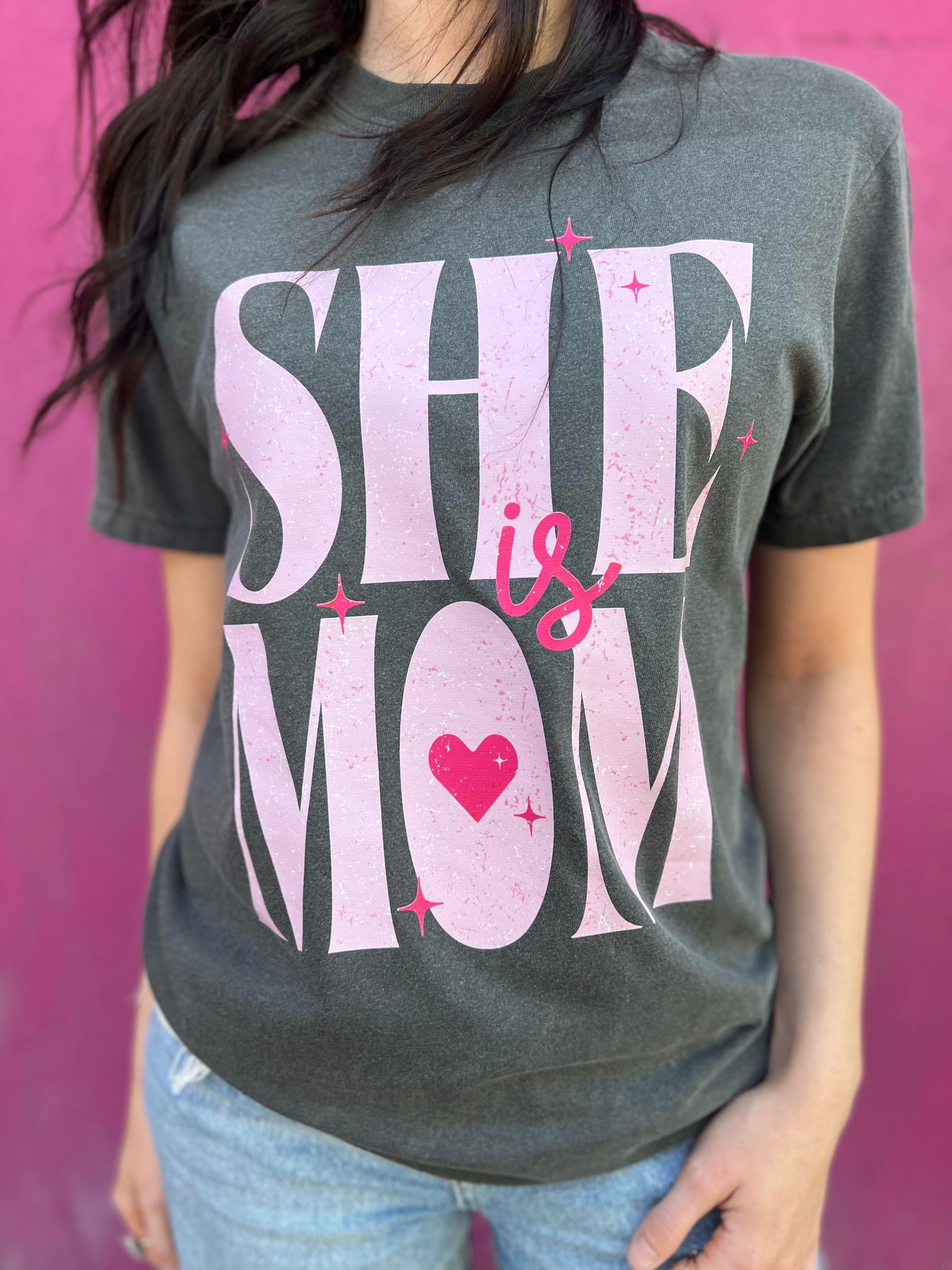 Checkered Mama tee in Comfort Colors: Pepper, showcasing a stylish design with vibrant DTF printed graphics.