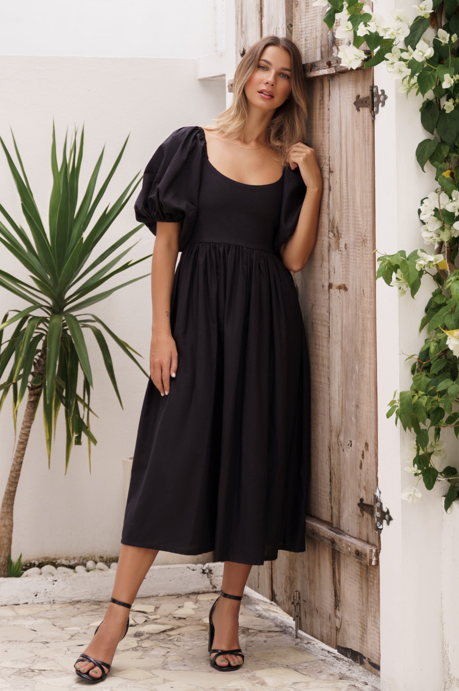 Cherie Puff Sleeve Midi Dress in pure linen with gathered puff sleeves and an oval neckline, perfect for summer outings.