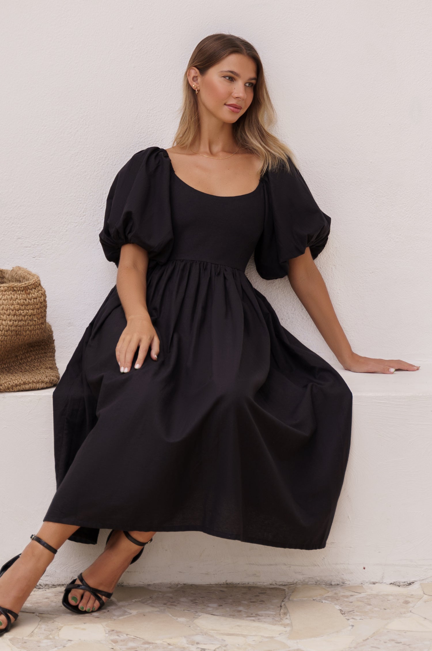 Cherie Puff Sleeve Midi Dress in pure linen with gathered puff sleeves and an oval neckline, perfect for summer outings.