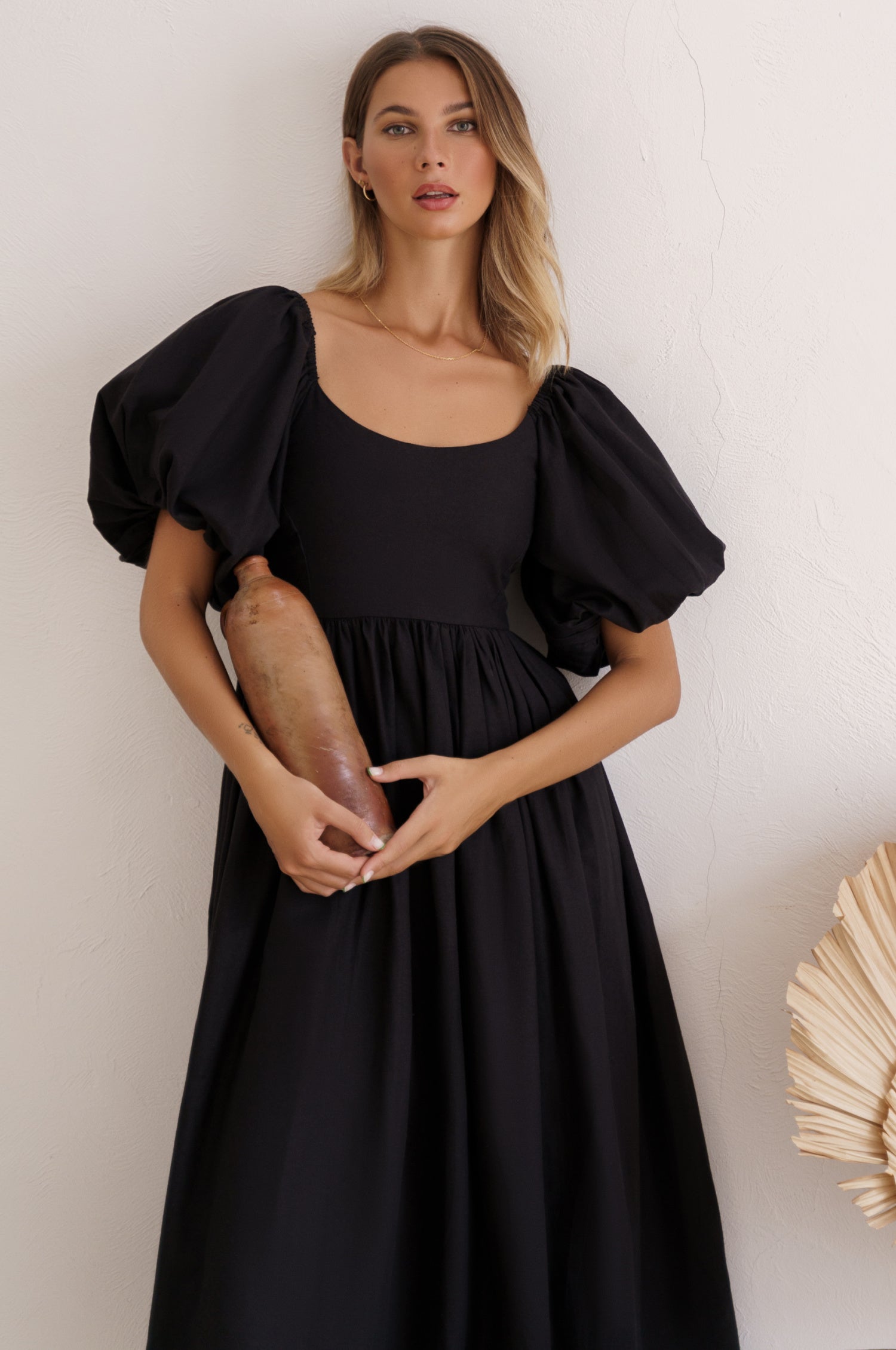 Cherie Puff Sleeve Midi Dress in pure linen with gathered puff sleeves and an oval neckline, perfect for summer outings.