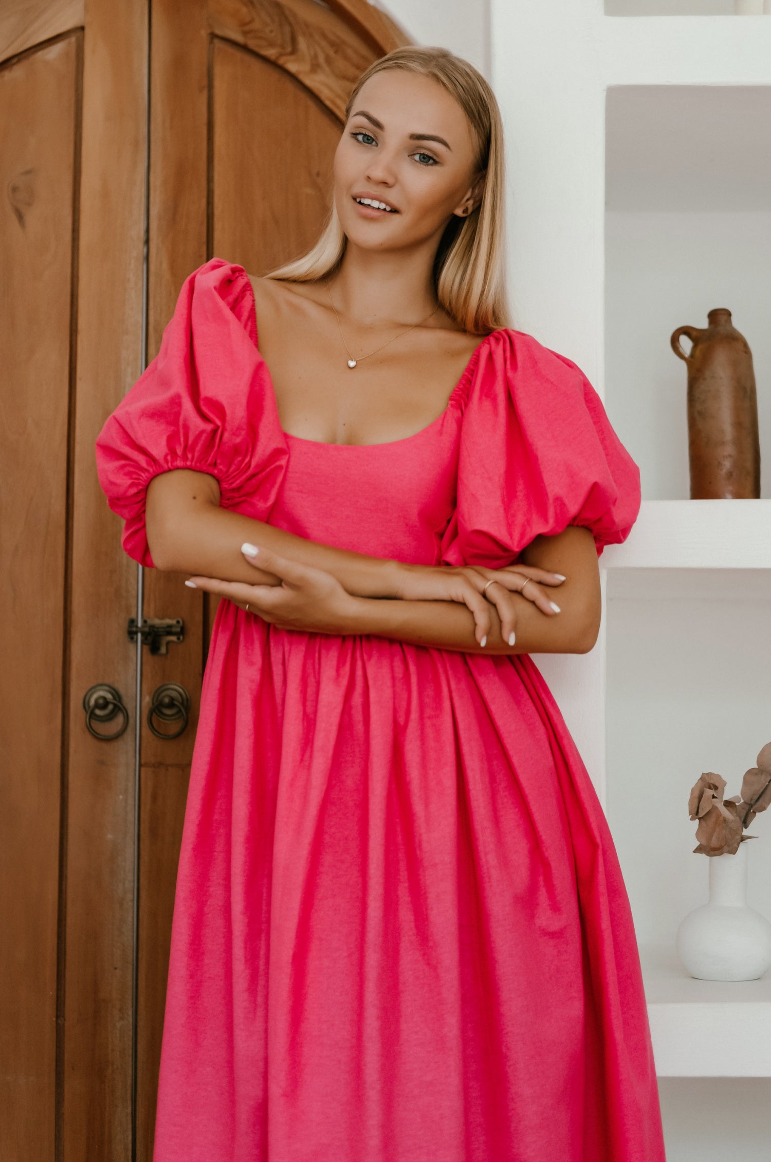 Cherie Puff Sleeve Midi Dress in pure linen with gathered puff sleeves and an oval neckline, perfect for summer outings.