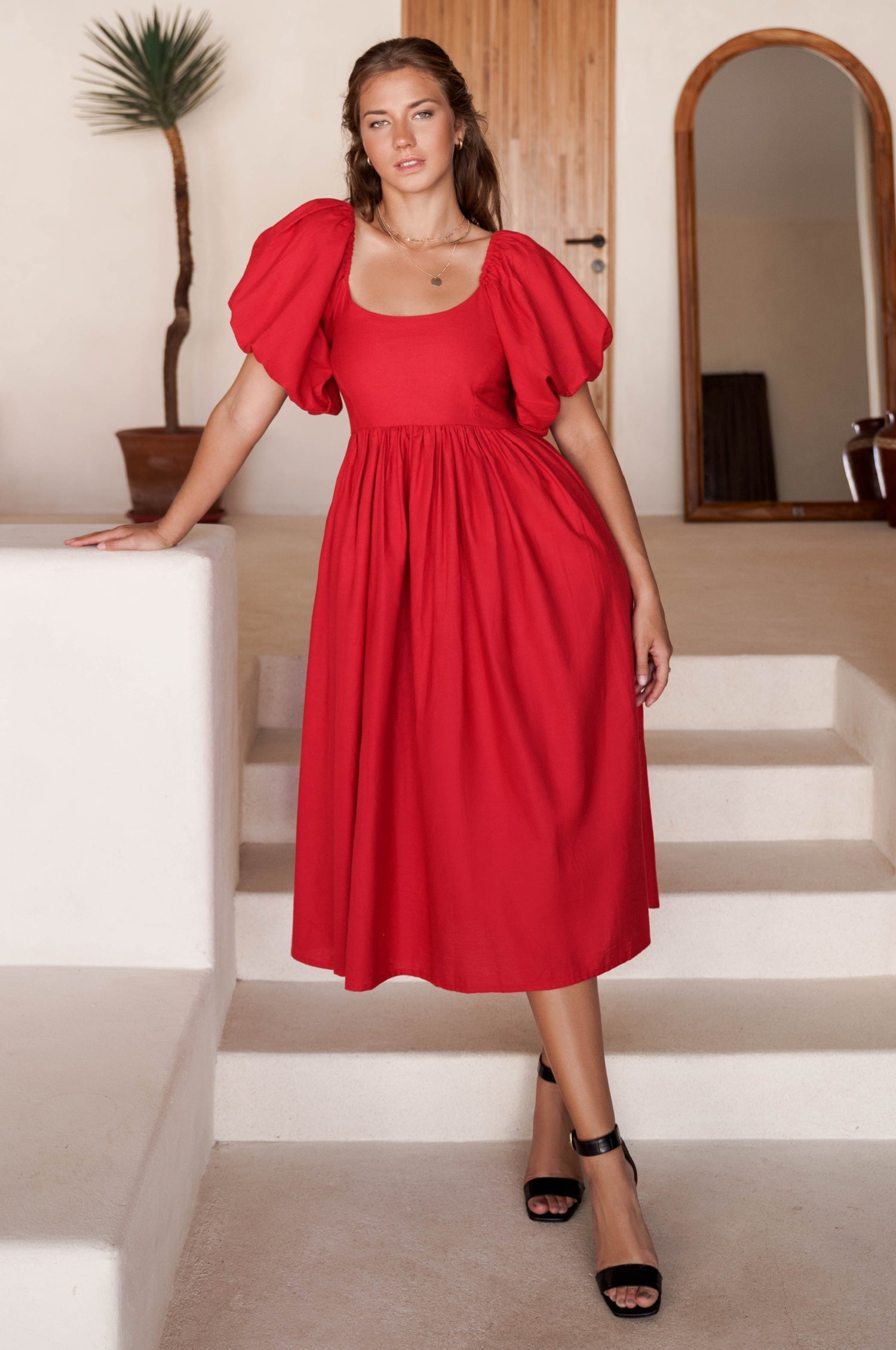 Cherie Puff Sleeve Midi Dress in pure linen with gathered puff sleeves and an oval neckline, perfect for summer outings.