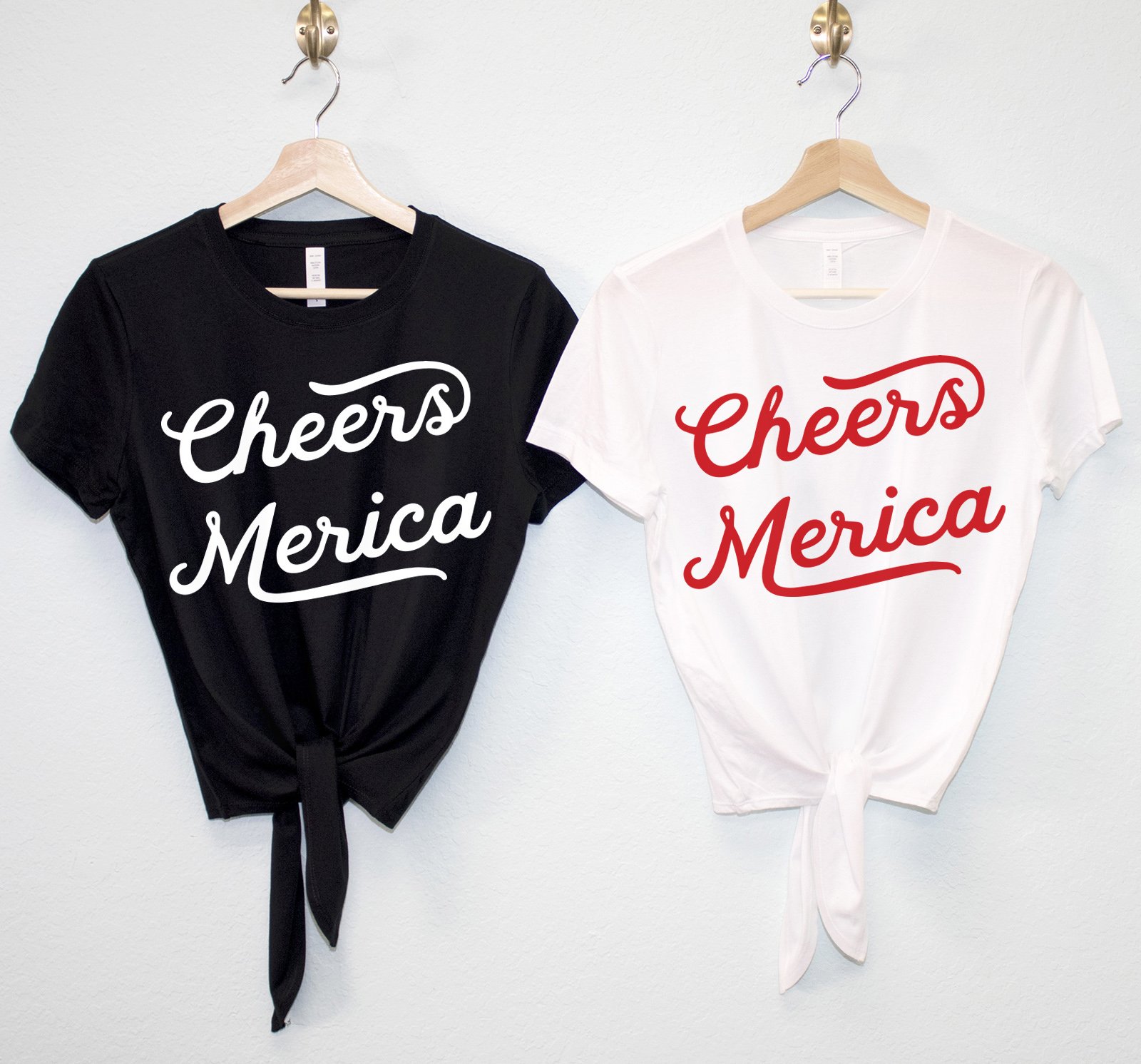 CHEERS MERICA Crop Top Shirt with front tie in black and white colors, showcasing a stylish patriotic design.