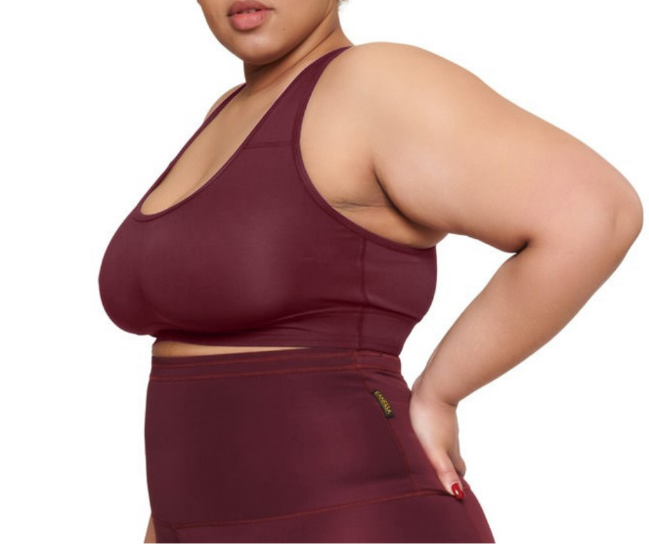 Cherry On Top Sports Bra in cherry wine color, featuring a cross-back strap design for support and style.