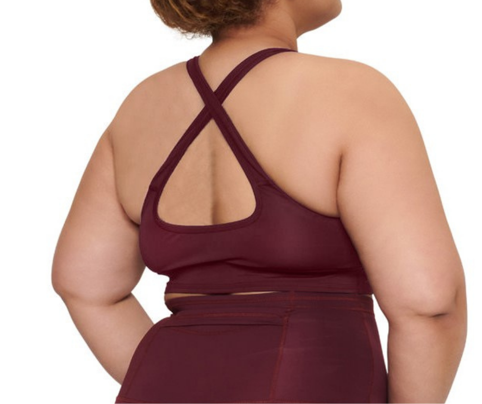 Cherry On Top Sports Bra in cherry wine color, featuring a cross-back strap design for support and style.