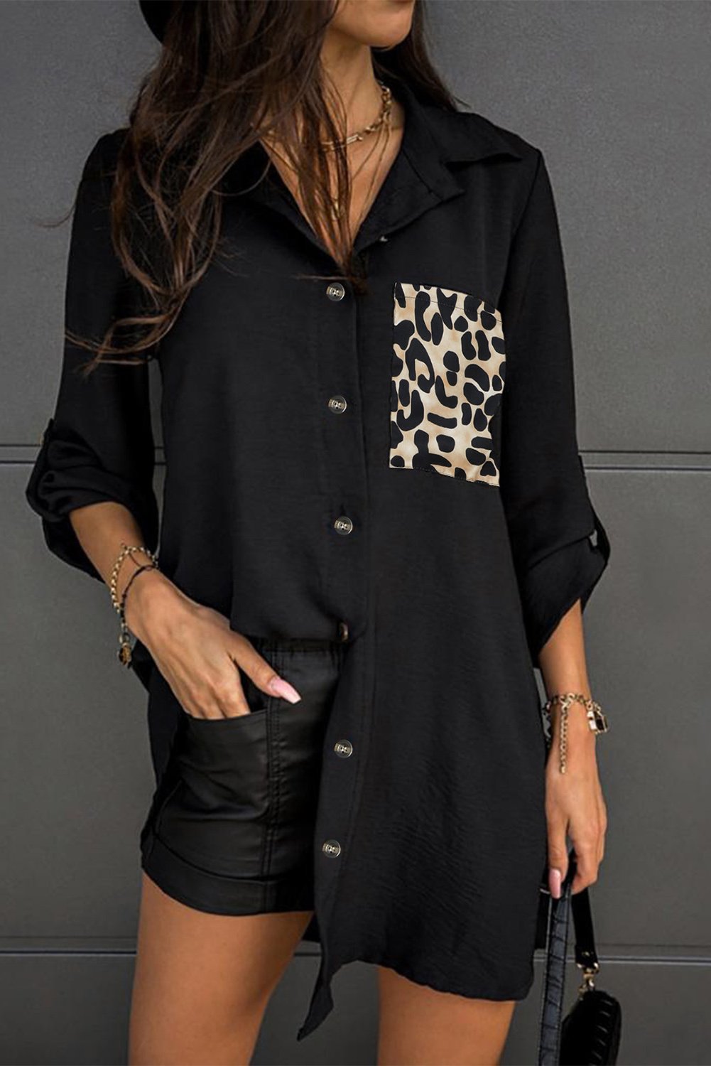 Cheetah Print Pocket Button Design Casual Shirt displayed on a mannequin, showcasing its oversized fit and stylish pocket detail.