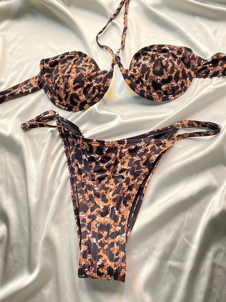 Chic Bae Two Piece Swimsuit featuring solid and leopard prints, designed for summer 2024 with underwire support and adjustable cups.