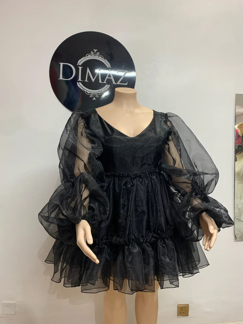 Chic Charm Dress featuring a black organza overlay with a see-through design, perfect for elegant occasions.