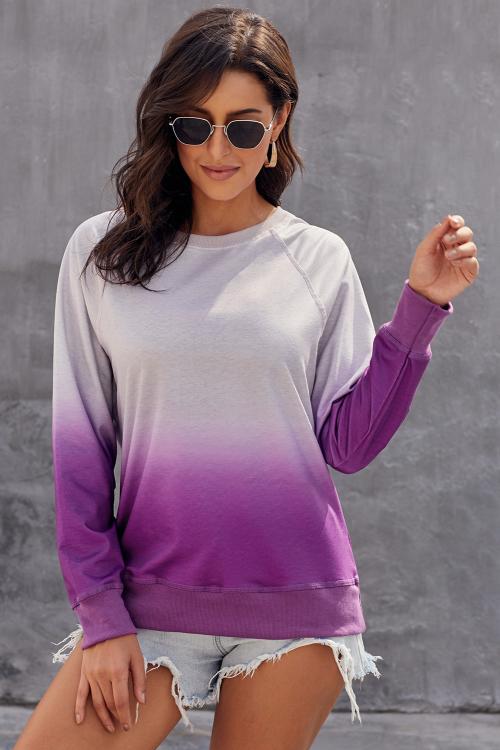 Chic Purple Ombre Crewneck Long Sleeve Sweatshirt featuring a stylish tie dye pattern and relaxed fit, perfect for fall and winter wear.