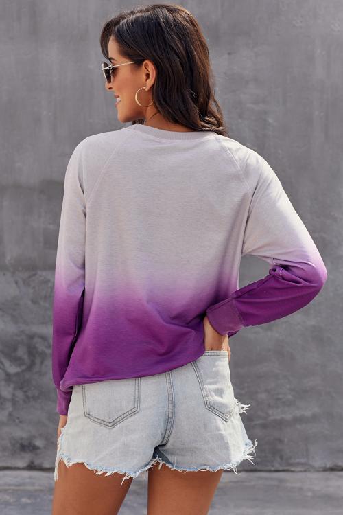 Chic Purple Ombre Crewneck Long Sleeve Sweatshirt featuring a stylish tie dye pattern and relaxed fit, perfect for fall and winter wear.