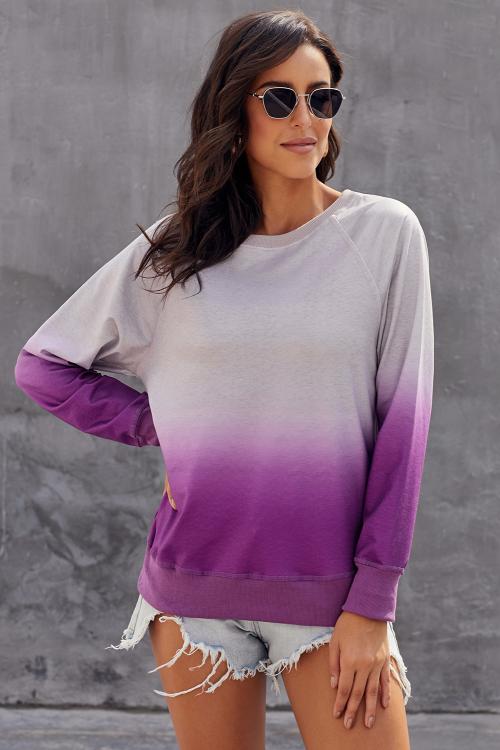 Chic Purple Ombre Crewneck Long Sleeve Sweatshirt featuring a stylish tie dye pattern and relaxed fit, perfect for fall and winter wear.