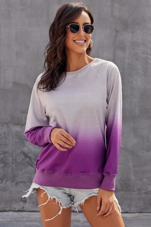 Chic Purple Ombre Crewneck Long Sleeve Sweatshirt featuring a stylish tie dye pattern and relaxed fit, perfect for fall and winter wear.