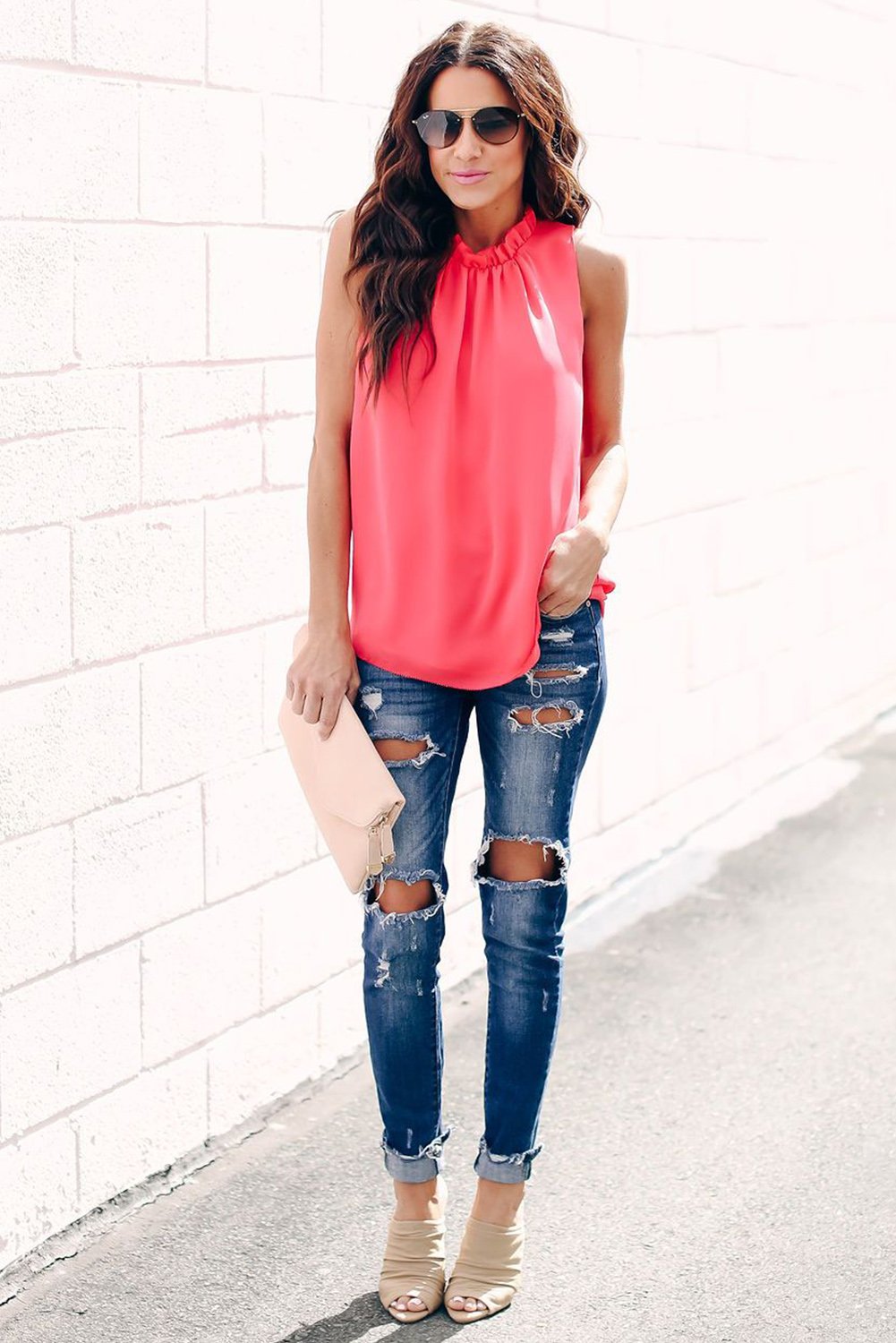 Chic red tank top featuring ruffle trim neckline and pleated detailing, perfect for summer styling.