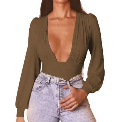 Chic Solid Plunging Neck Lantern Sleeve Bodysuit in various colors, showcasing deep V neckline and bishop sleeves.