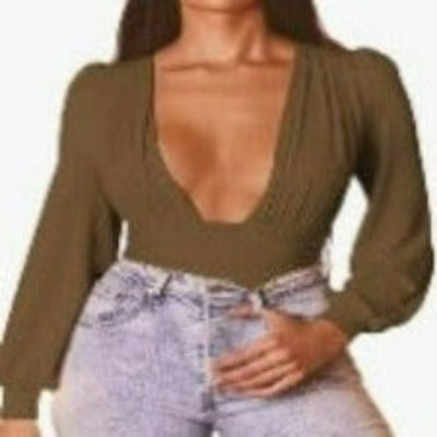 Chic Solid Plunging Neck Lantern Sleeve Bodysuit in various colors, showcasing deep V neckline and bishop sleeves.