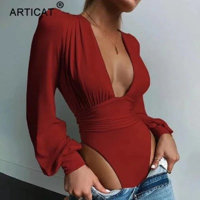 Chic Solid Plunging Neck Lantern Sleeve Bodysuit in various colors, showcasing deep V neckline and bishop sleeves.