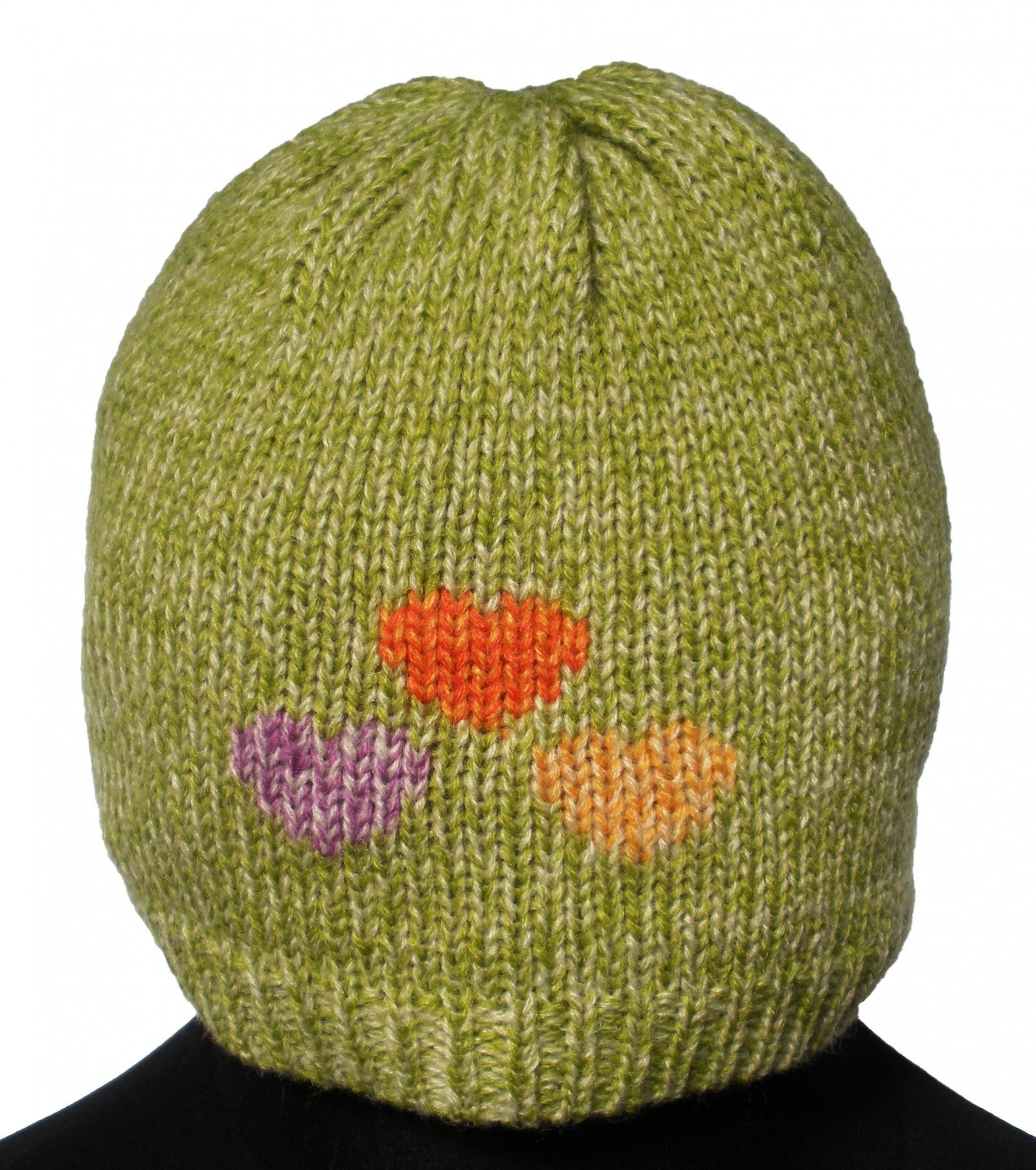 A warm green children's hat featuring embroidered hearts, perfect for winter wear.