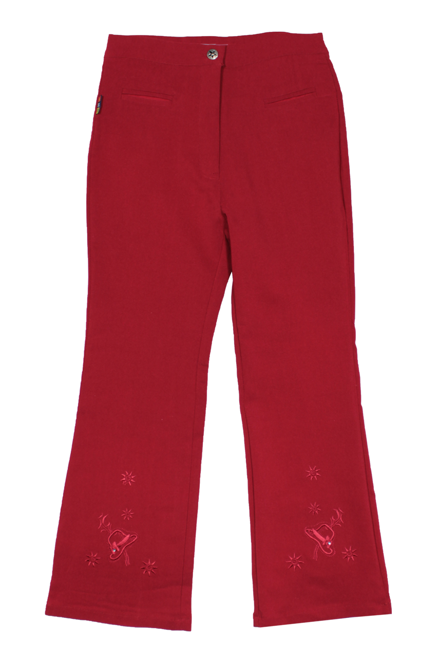 Children's Bordo trousers with decorative embroidery at the bottom, featuring a zipper and button closure, made from 100% cotton.