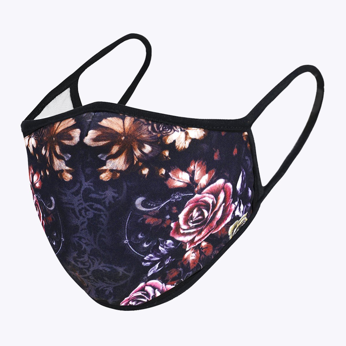 Chintz in Dark 3-layered face mask with unique print design, made from polyester and cotton, suitable for unisex wear.