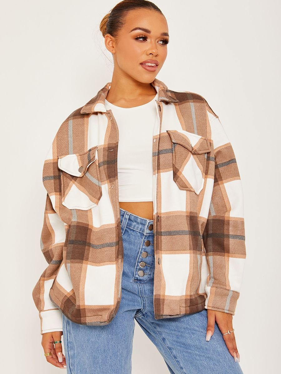 Chocolate Check Shacket for women featuring an oversized fit, button fastening, and two front chest pockets.