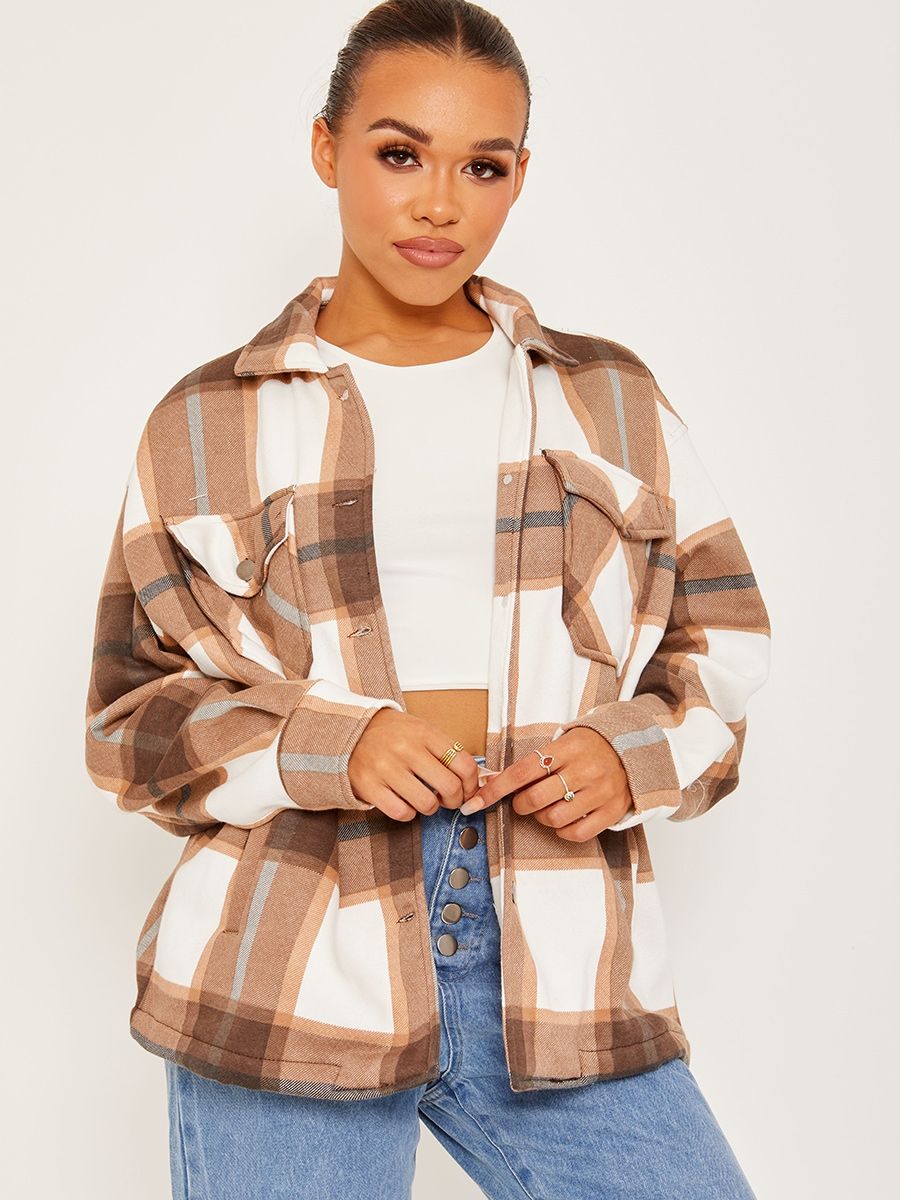 Chocolate Check Shacket for women featuring an oversized fit, button fastening, and two front chest pockets.