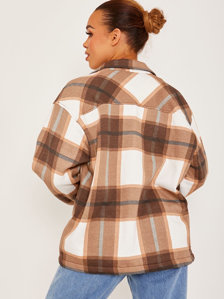 Chocolate Check Shacket for women featuring an oversized fit, button fastening, and two front chest pockets.