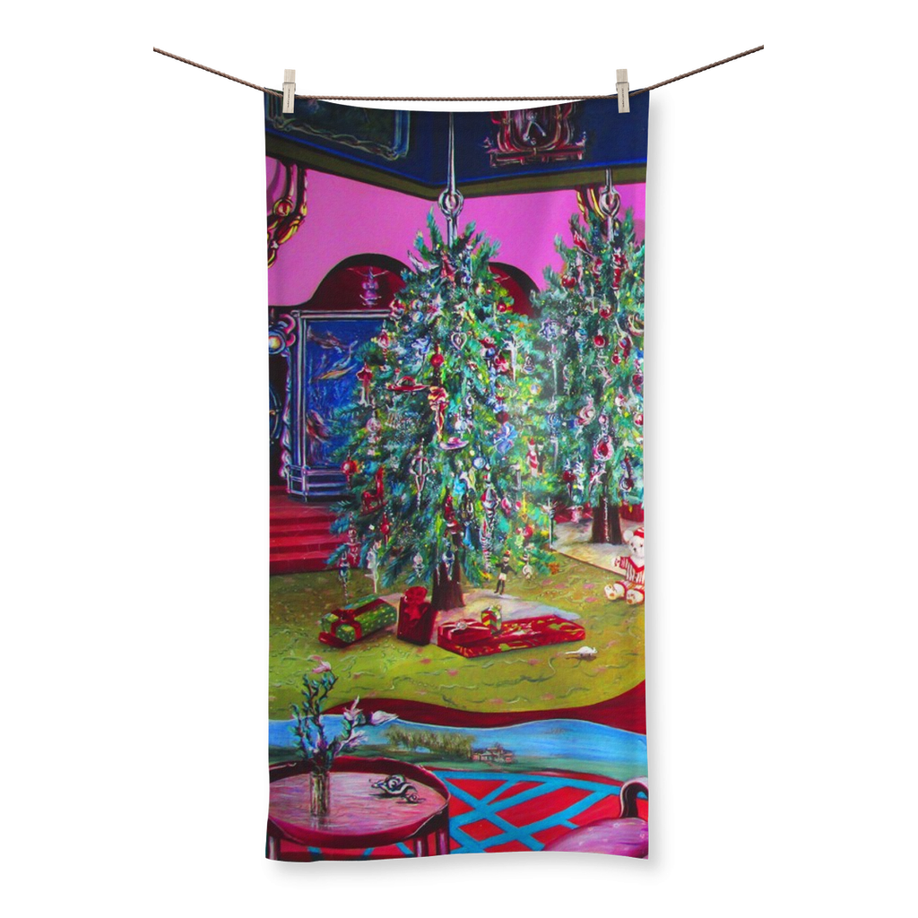 Sharon Tatem Christmas Beach Towel featuring a vibrant holiday design, lightweight microfiber material, and terry towelling loop on the reverse side.