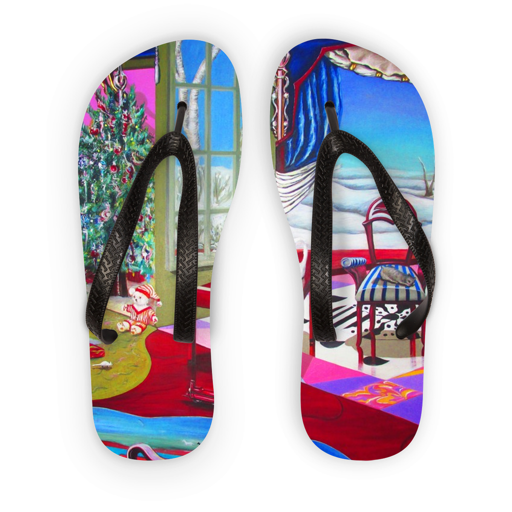 A pair of Christmas-themed flip flops featuring a colorful printed fabric top and sturdy black soles and straps, perfect for festive occasions.