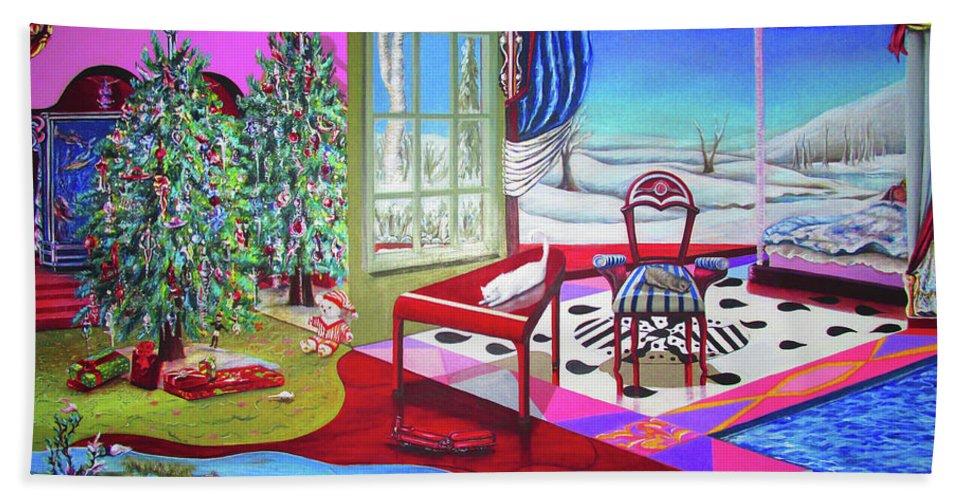 Luxurious Christmas Painting bath towel featuring a festive design and soft brushed microfiber material.