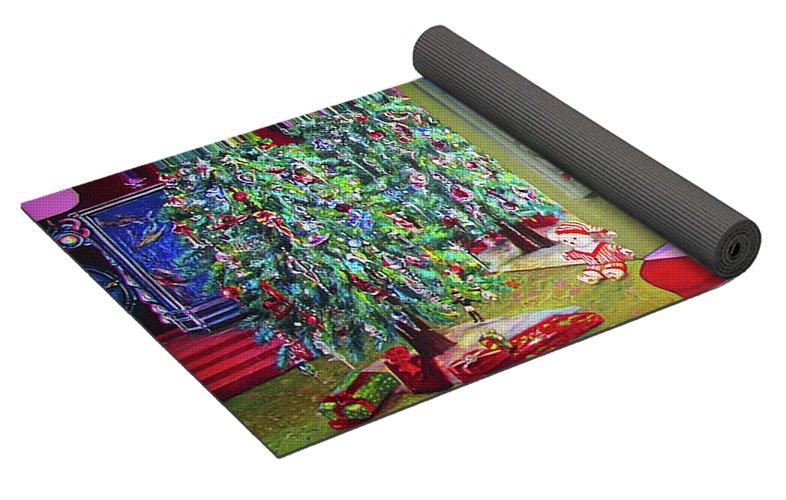 A vibrant Christmas-themed yoga mat featuring festive artwork, with a solid black textured back for grip, accompanied by a black carrying bag.