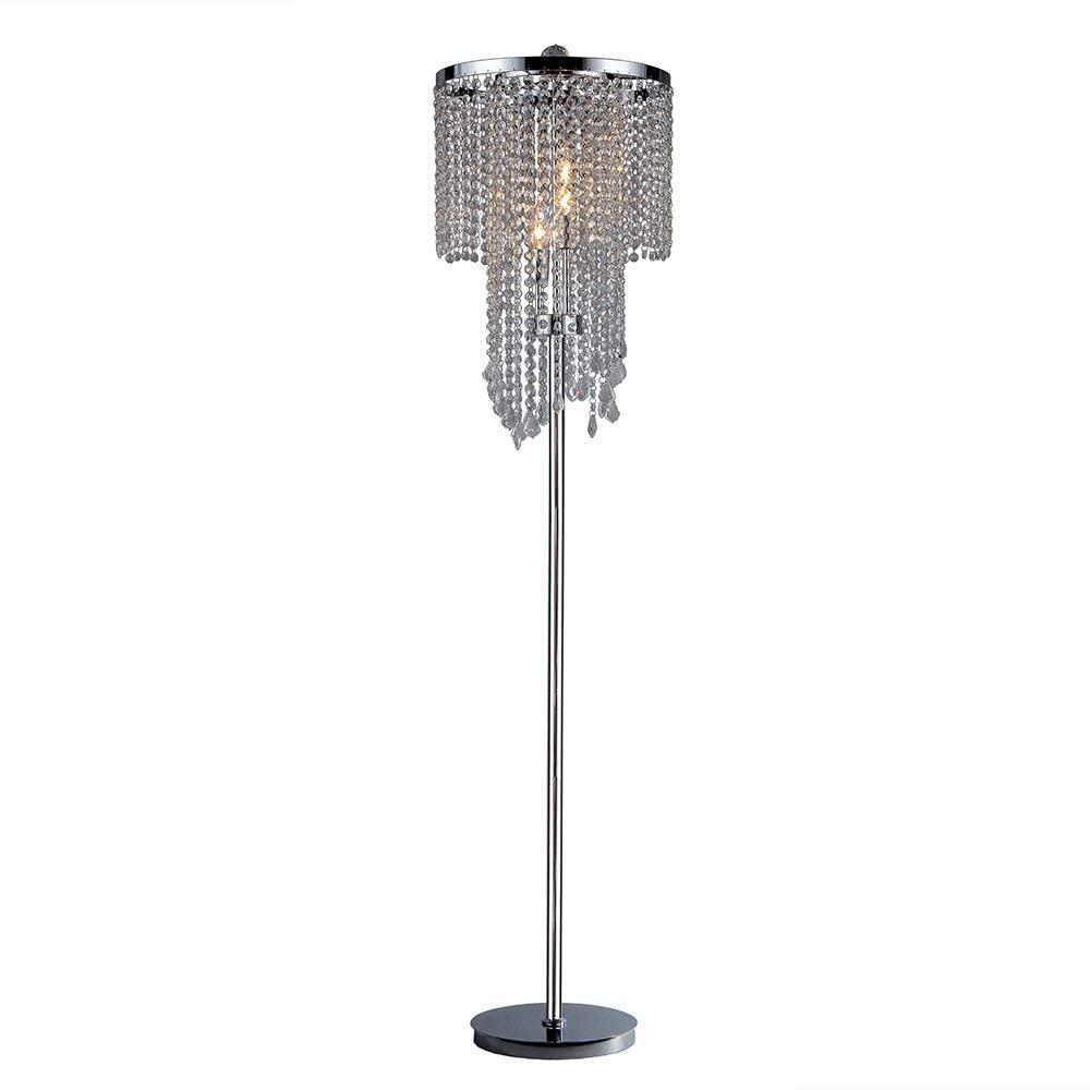 Elegant chrome and crystal floor lamp with three bulbs, perfect for stylish illumination.