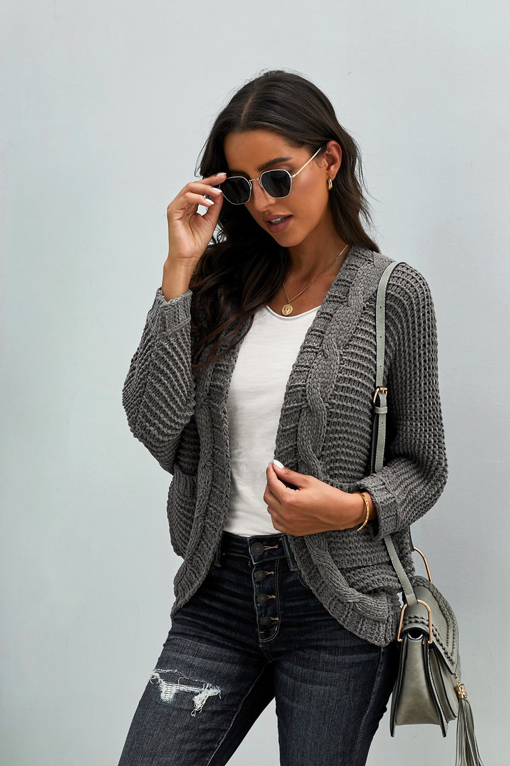 Chunky Knit Solid Cardigan with Pocket in a cozy knit texture, perfect for fall layering.