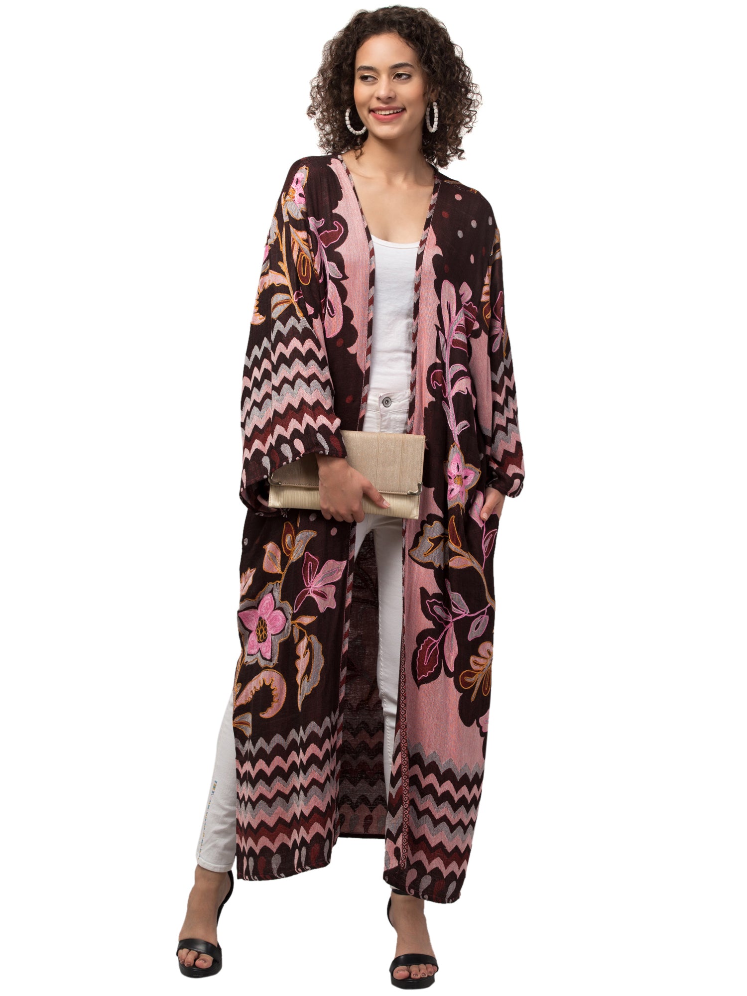 Cider Glam Thick Stitch Kimono Jacket featuring vibrant colors and intricate hand embroidery, showcasing bohemian style and Indian craftsmanship.