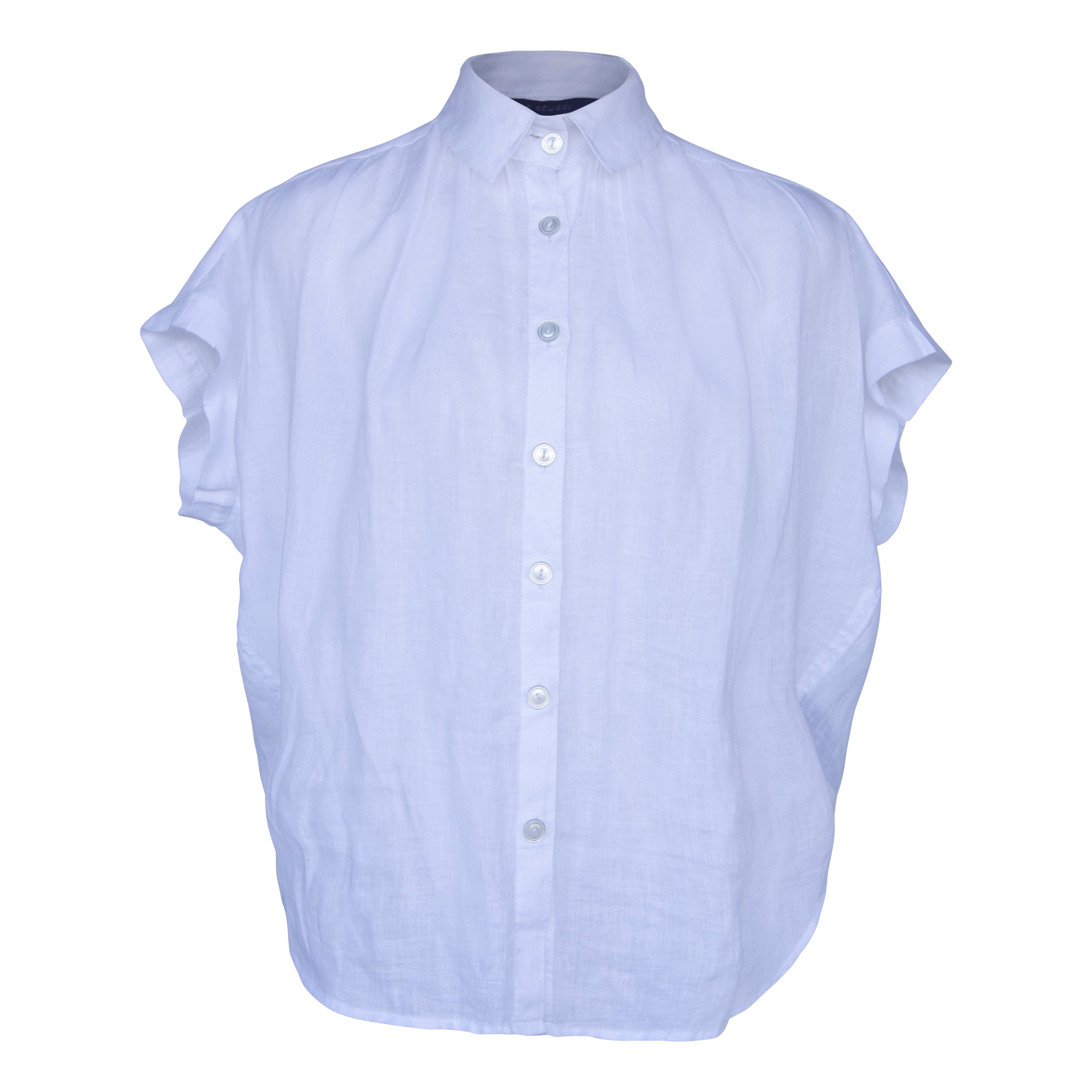 Classic Linen White Blouse featuring a gather collar, made from 100% linen, perfect for office wear.