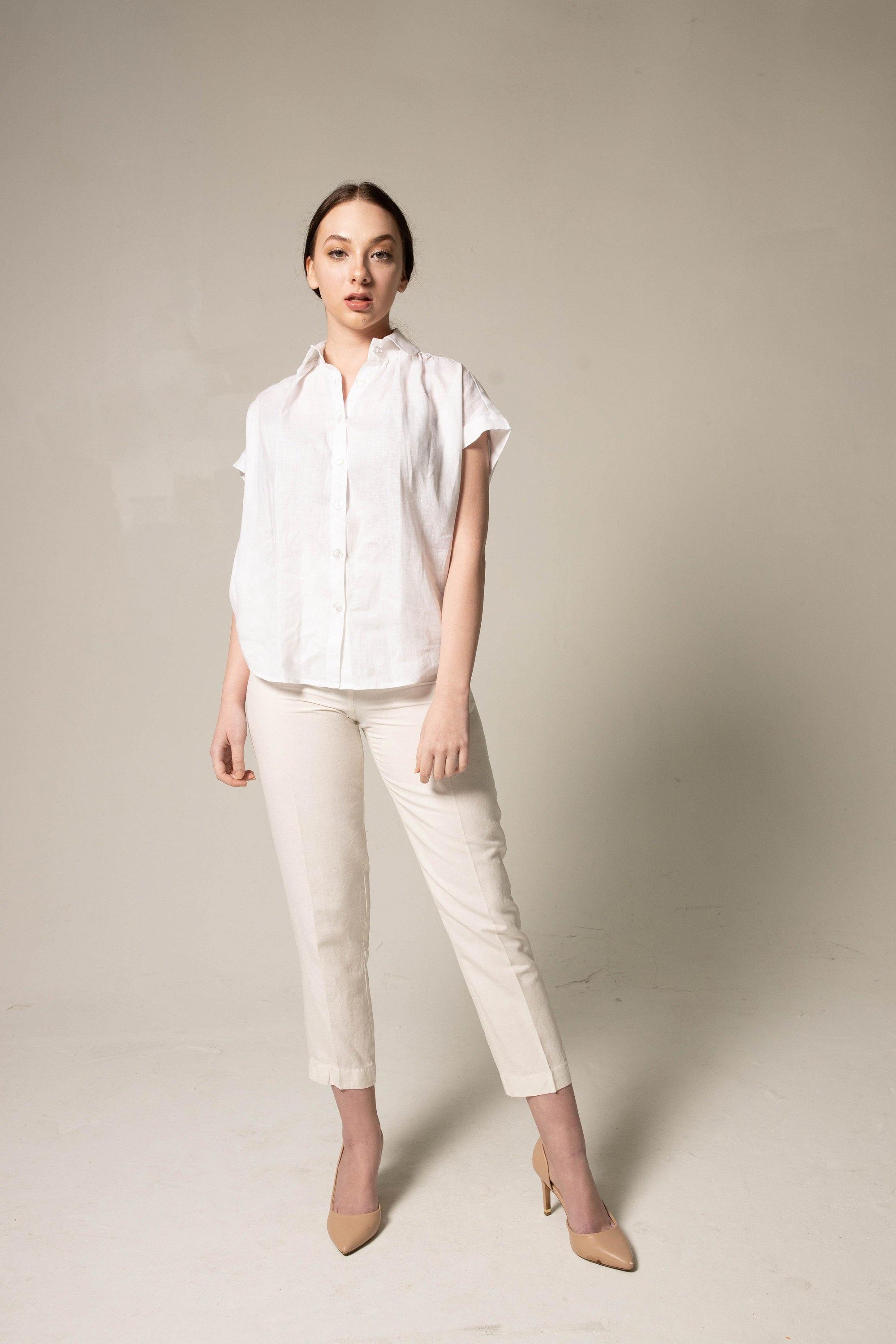 Classic Linen White Blouse featuring a gather collar, made from 100% linen, perfect for office wear.