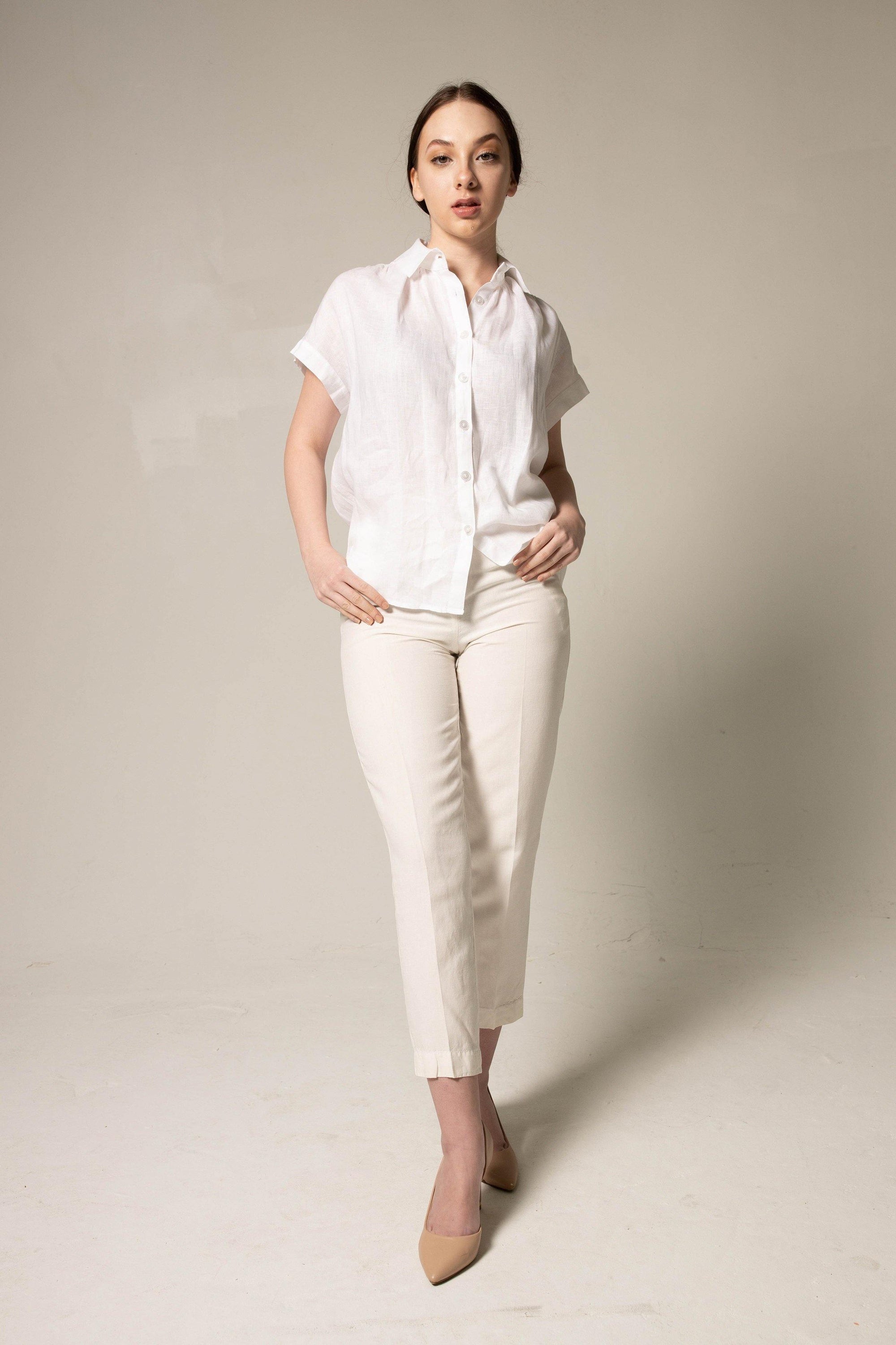 Classic Linen White Blouse featuring a gather collar, made from 100% linen, perfect for office wear.