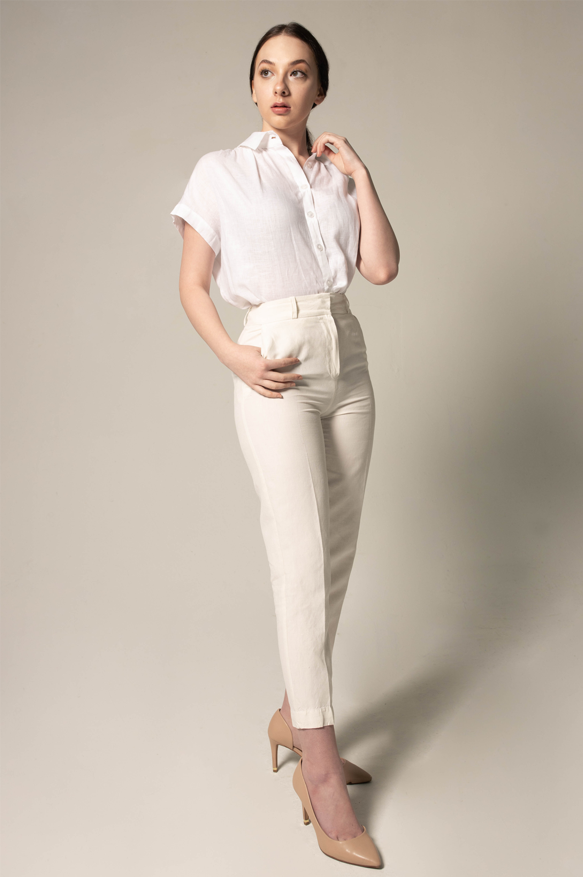 Classic Linen White Blouse featuring a gather collar, made from 100% linen, perfect for office wear.