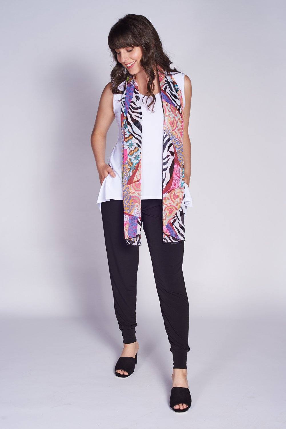 A stylish Classic Scarf featuring a chic Morocco chiffon print, made from 100% polyester, perfect for versatile fashion.