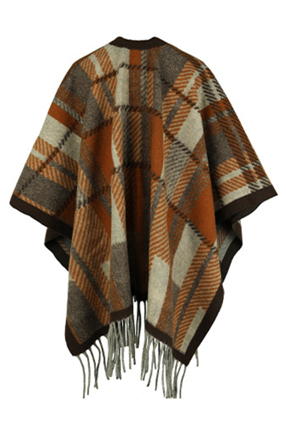 Cloak Sleeve Fringe Detail Poncho featuring a stylish plaid pattern and long sleeves, perfect for casual and classy occasions.