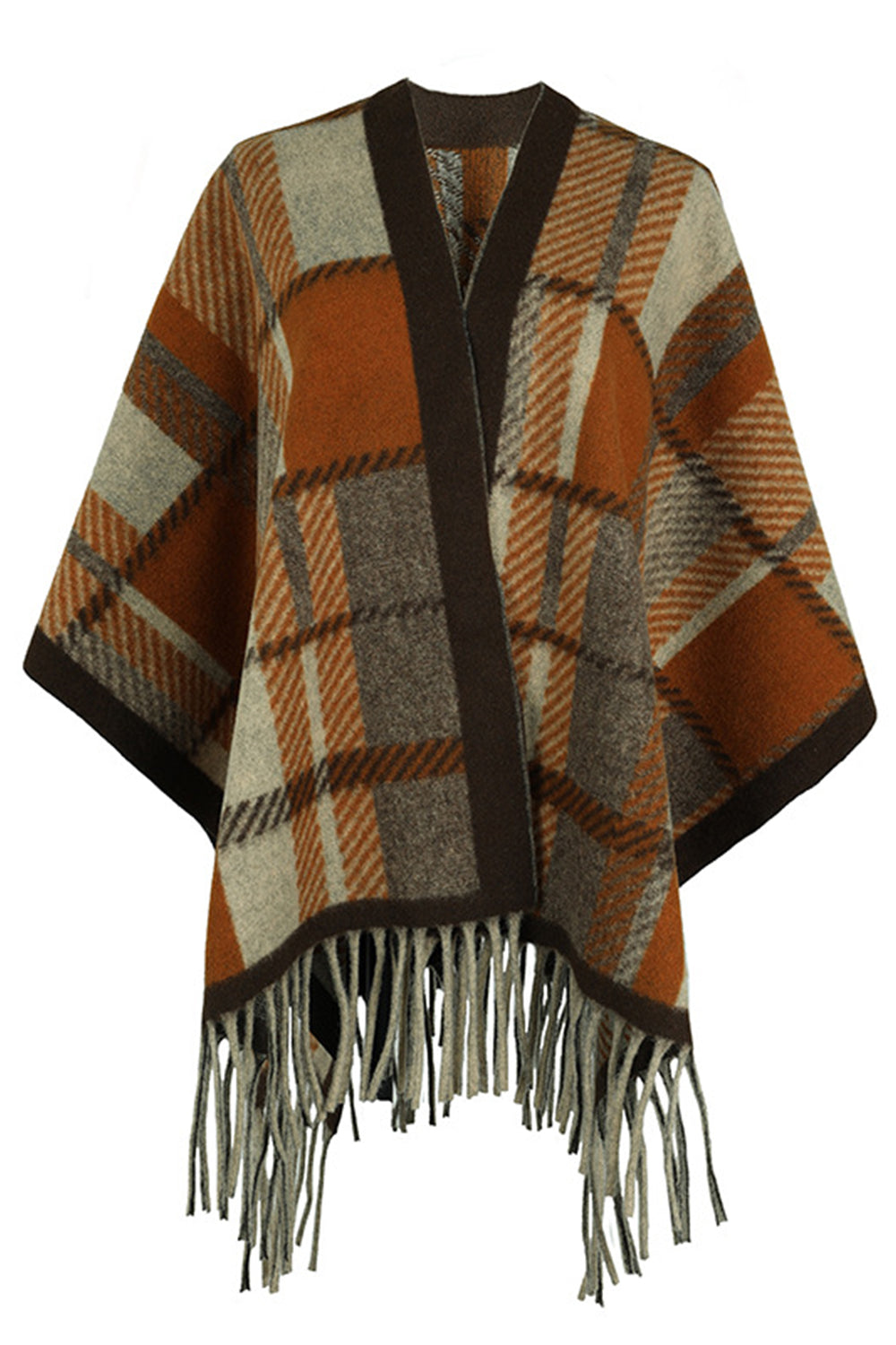 Cloak Sleeve Fringe Detail Poncho featuring a stylish plaid pattern and long sleeves, perfect for casual and classy occasions.