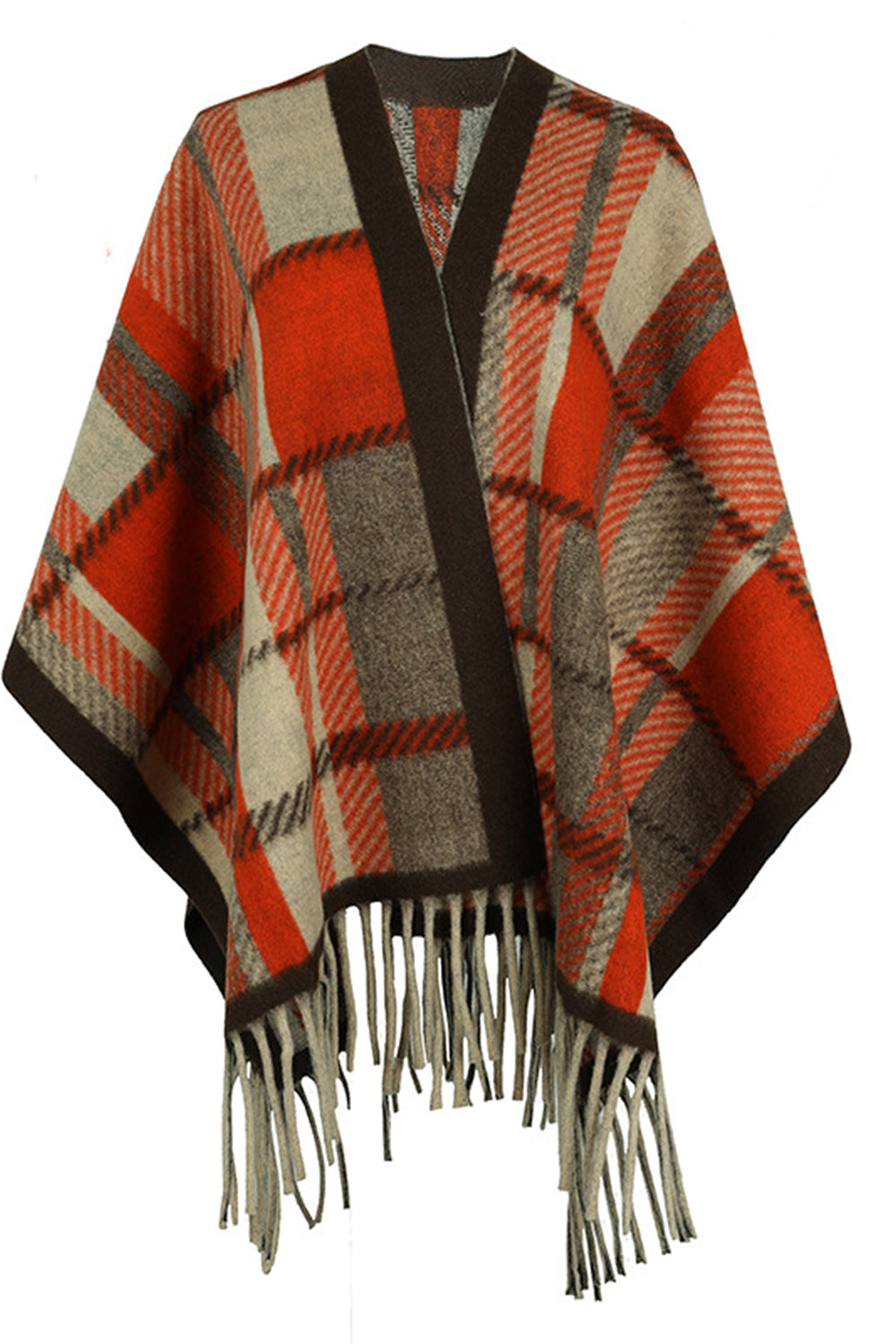 Cloak Sleeve Fringe Detail Poncho featuring a stylish plaid pattern and long sleeves, perfect for casual and classy occasions.