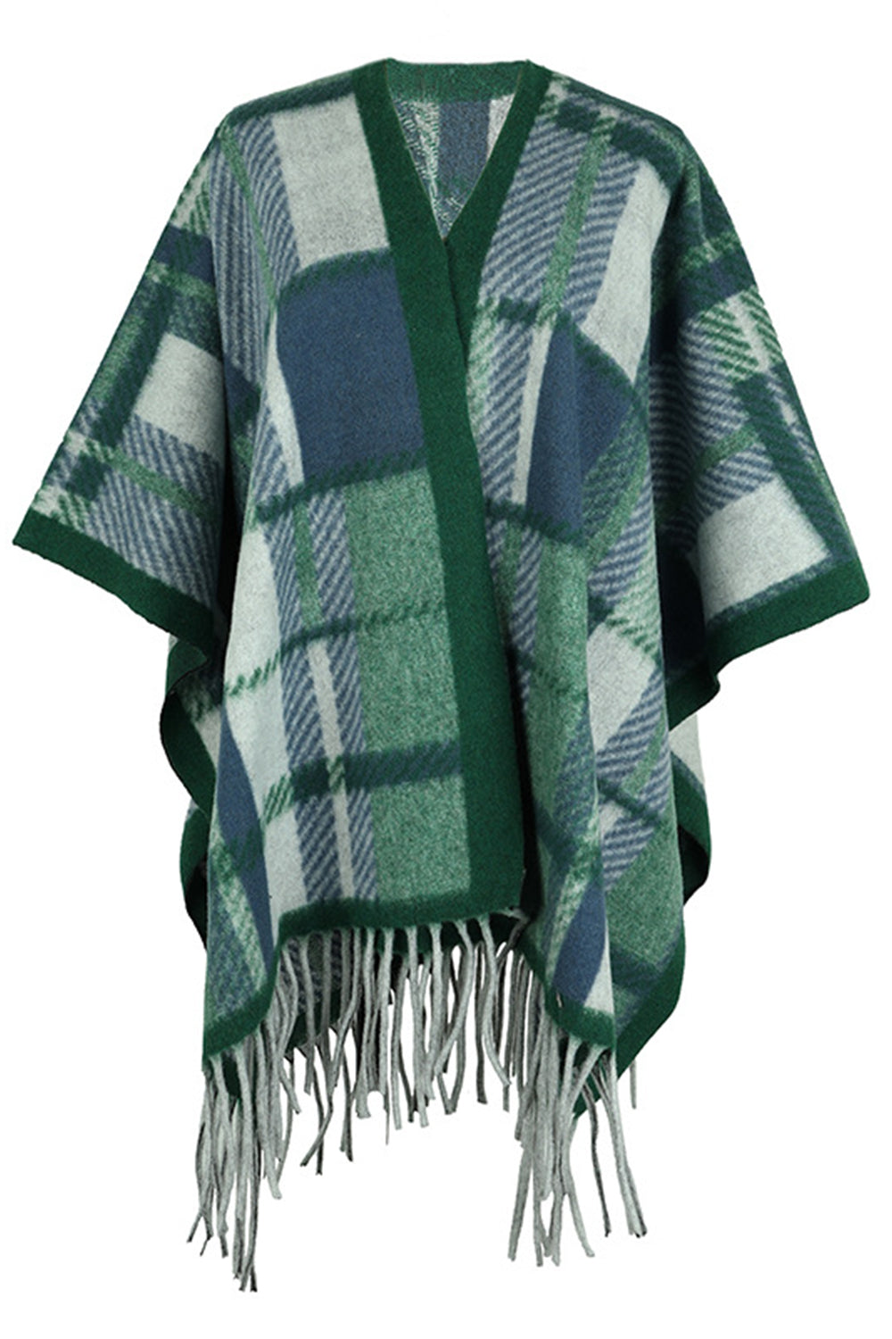 Cloak Sleeve Fringe Detail Poncho featuring a stylish plaid pattern and long sleeves, perfect for casual and classy occasions.