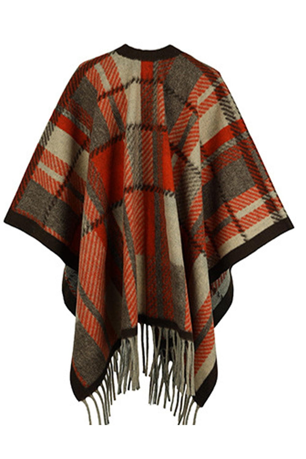 Cloak Sleeve Fringe Detail Poncho featuring a stylish plaid pattern and long sleeves, perfect for casual and classy occasions.