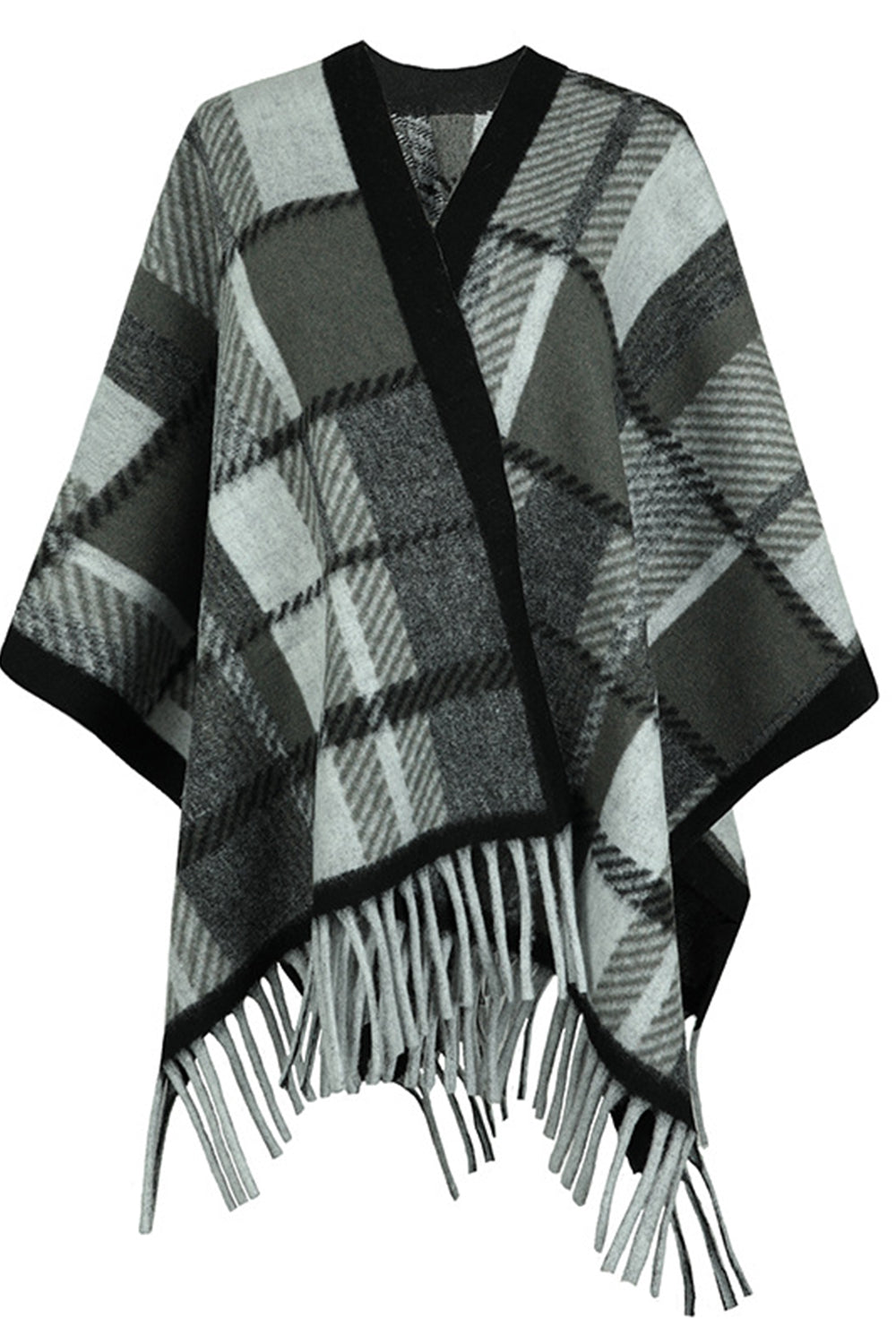 Cloak Sleeve Fringe Detail Poncho featuring a stylish plaid pattern and long sleeves, perfect for casual and classy occasions.