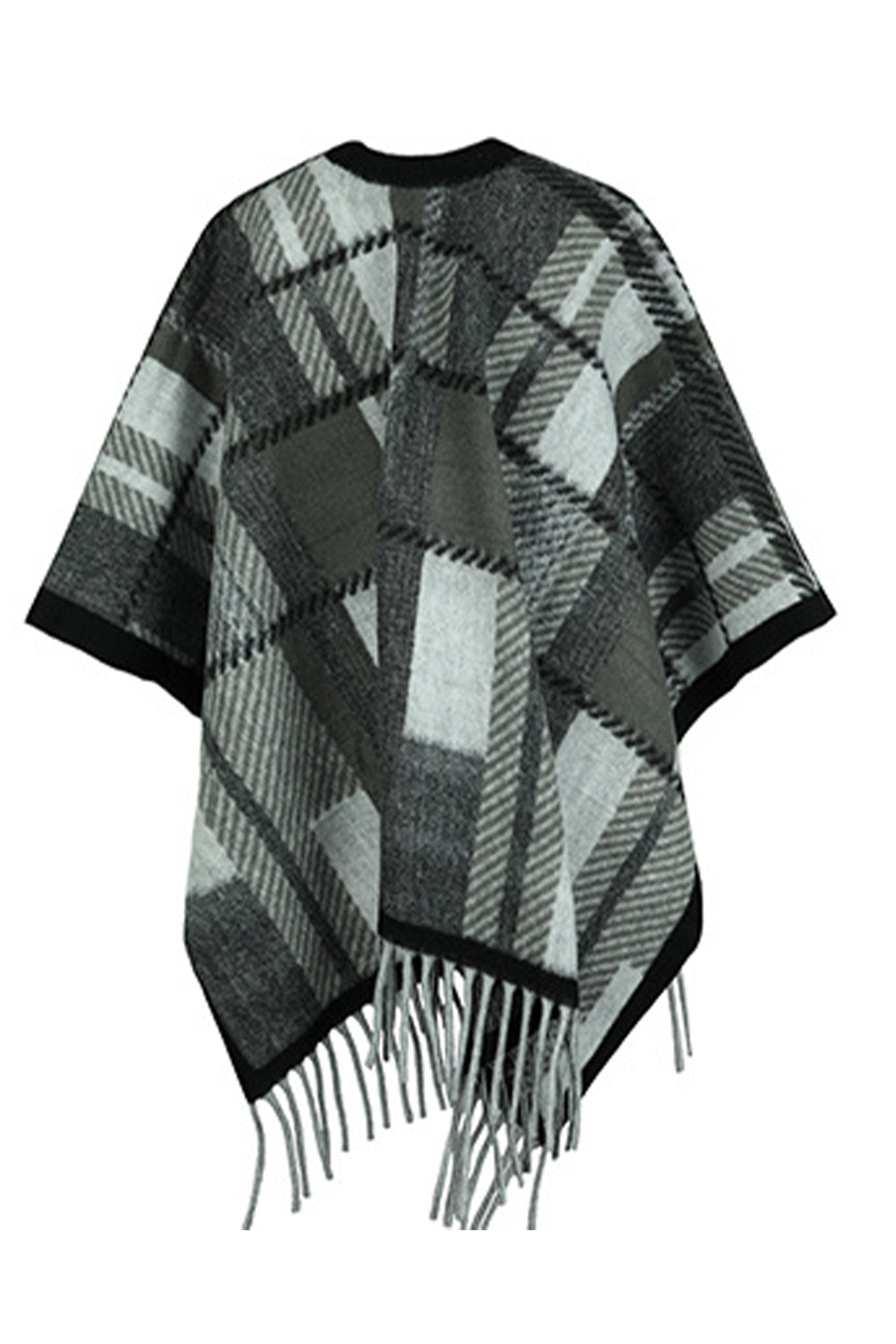 Cloak Sleeve Fringe Detail Poncho featuring a stylish plaid pattern and long sleeves, perfect for casual and classy occasions.