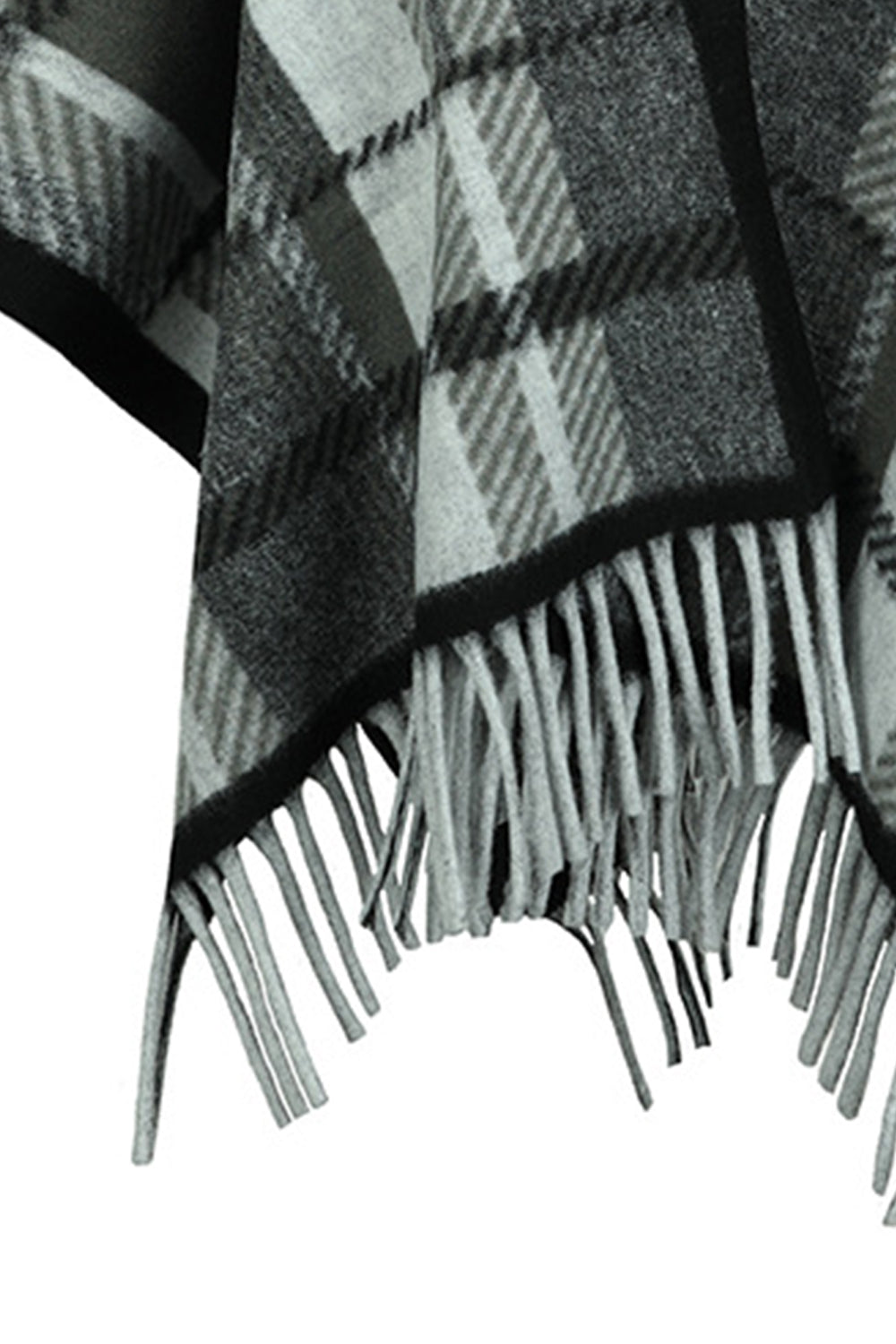 Cloak Sleeve Fringe Detail Poncho featuring a stylish plaid pattern and long sleeves, perfect for casual and classy occasions.