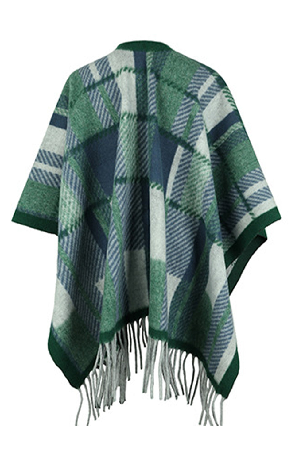 Cloak Sleeve Fringe Detail Poncho featuring a stylish plaid pattern and long sleeves, perfect for casual and classy occasions.