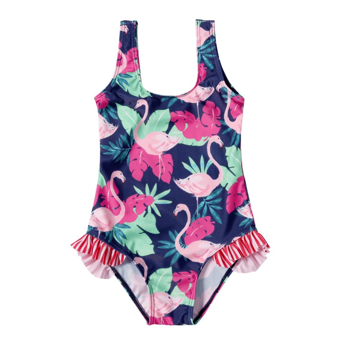 Clora swimsuit featuring a vibrant print and cute ruffles, perfect for girls at the beach or pool.